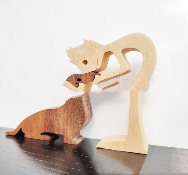 Handcrafted Wood Dog Sculpture | Man & Dog Home Decor Gift